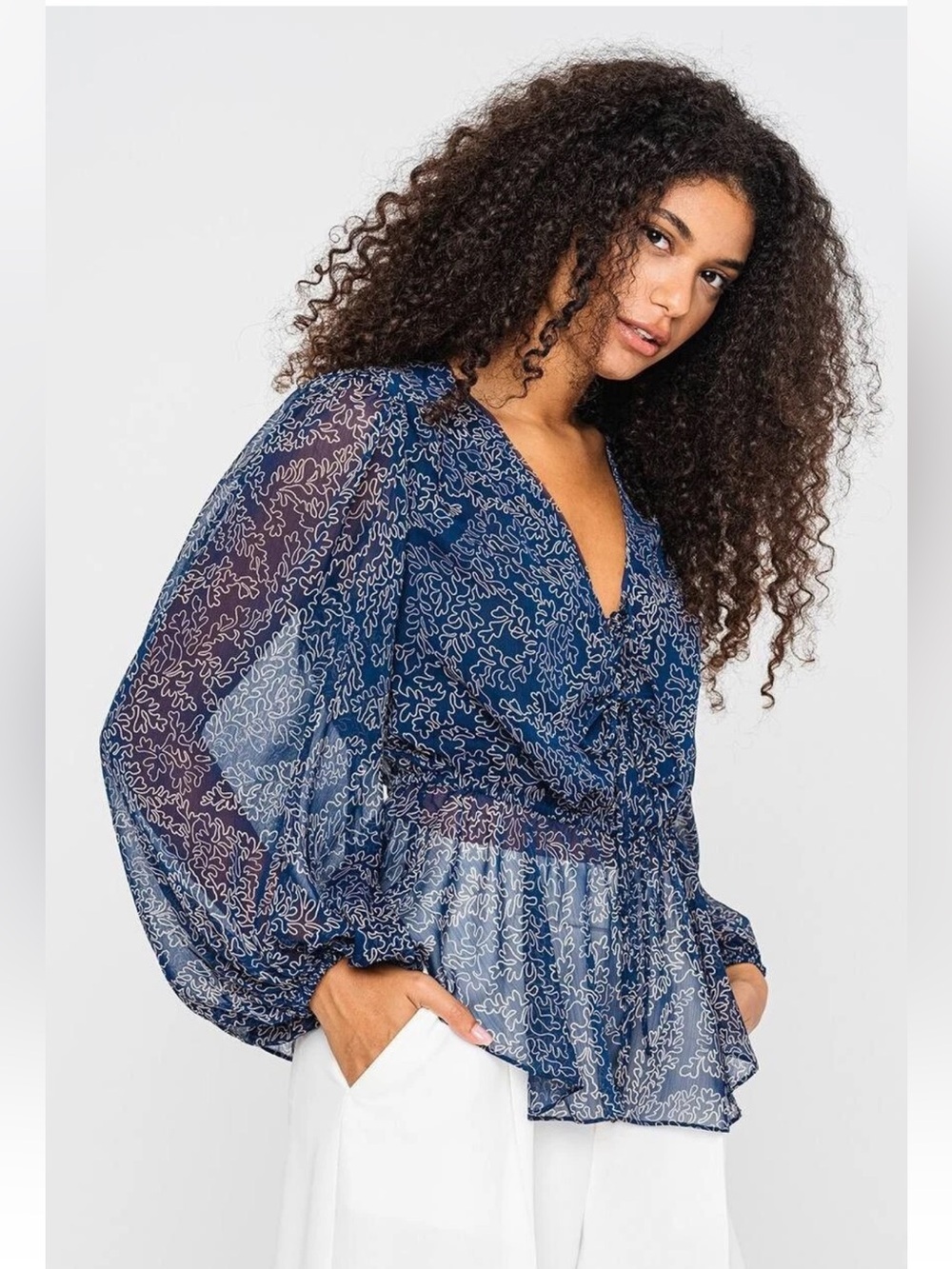 Ted Baker Blouson Blouse | Tie Front Balloon Sleeve | Size 2 (UK 12) | Navy